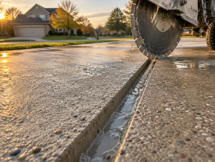Fresh straight saw cut in a concrete driveway