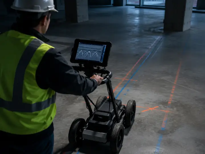 GPR cart scanning a concrete floor with rebar marked